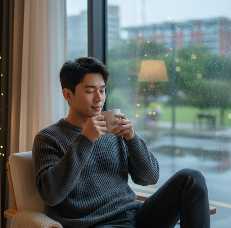 雨の日にコーヒーを飲む人