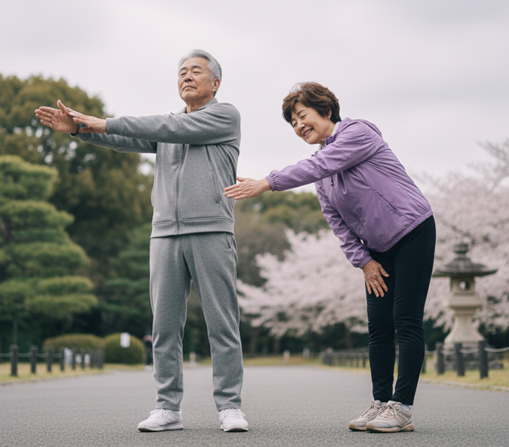 曇り空の下でストレッチする老夫婦