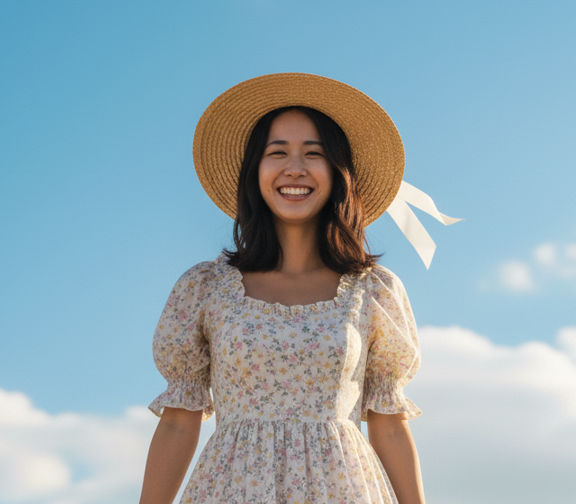 青空に笑顔の女性