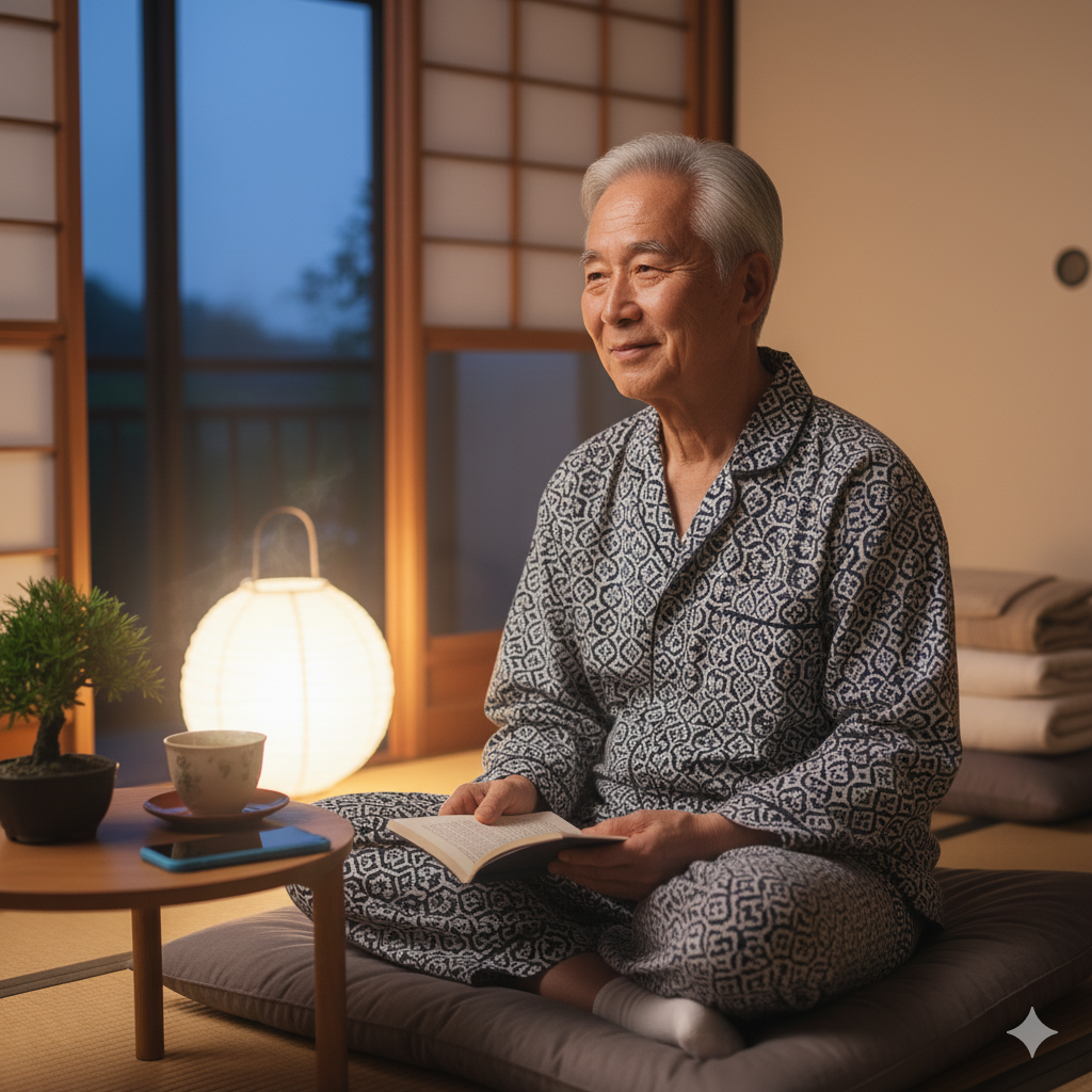 寝る前にスマホをやめてリラックスする高齢者