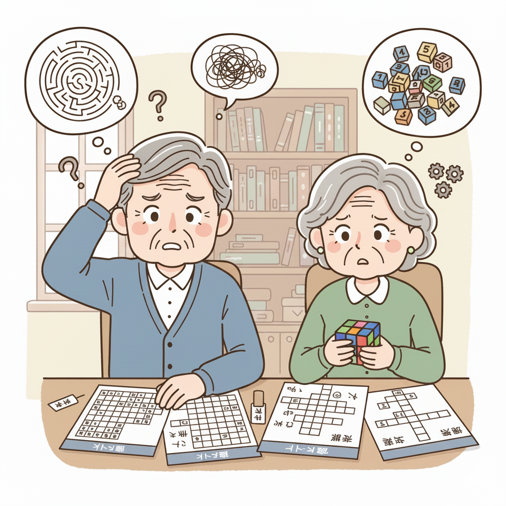脳トレをして困っている表情の50〜70代男女